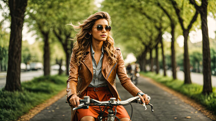 woman riding a bike - obrazy, fototapety, plakaty