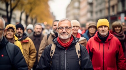 Smiling pensioner during a march