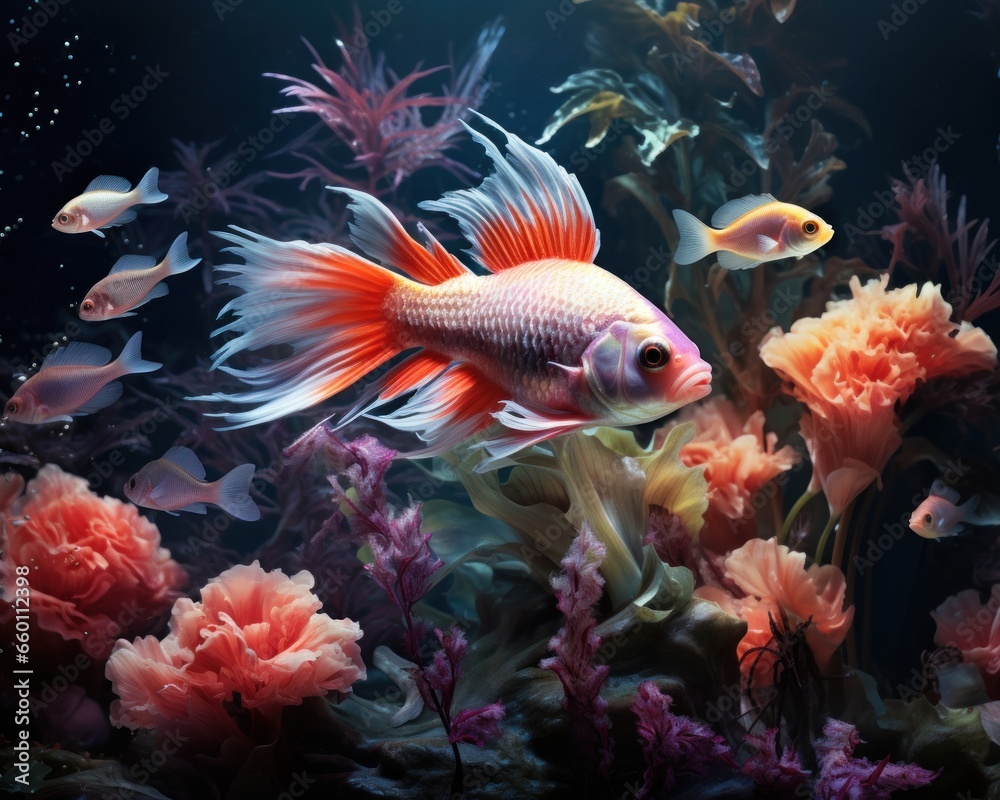 Wall mural Fish in freshwater aquarium with beautiful planted tropical. Colorful back - Wall murals