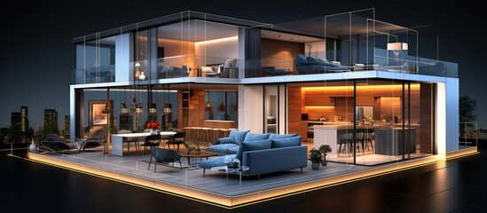 Night view of the living room and dining kitchen in