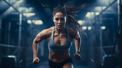 Fototapeta na wymiar Sportswoman running and doing strength training in a studio