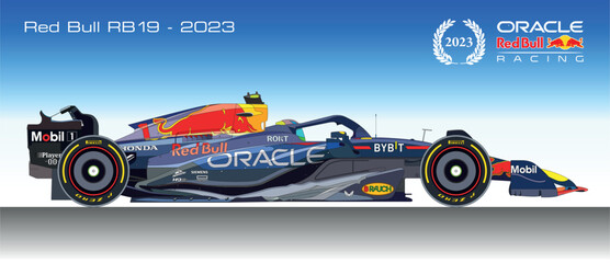 Obraz premium Austria, year 2023, Red Bull RB19, Oracle Red Bull Racing F1 sport car, illustration