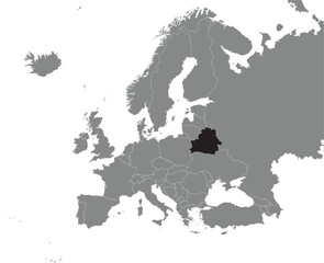 Black CMYK national map of BELARUS inside detailed gray blank political map of European continent on transparent background using Mercator projection