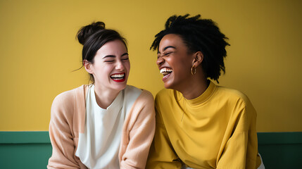 Fototapeta premium Two interracial best friends laughing and having a good time together in a studio