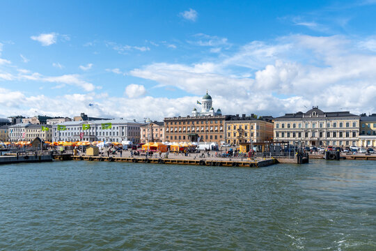 Helsinki city waterfront. Blue sky with some clouds.