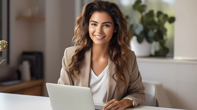 A beautiful girl working from home on her laptop, independent lady,  20s, relaxing mood with a look and a smile of satisfaction