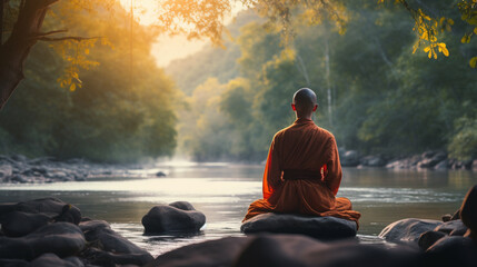 A serene riverside setting with a spiritual guide conducting a mindful walking meditation, spiritual guide, mental health, blurred background