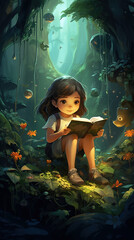 little girl reading book