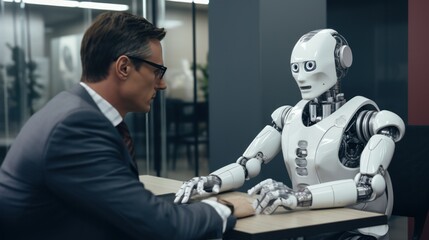 Robot and man sitting in chairs with briefcases