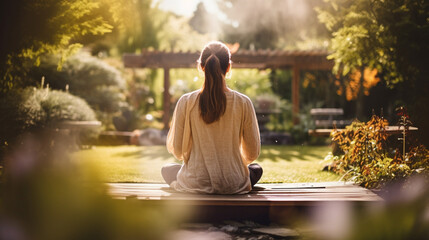 An individual finding serenity and inner peace during a spiritual guide-led meditation session in a tranquil garden, spiritual guide, mental health, blurred background