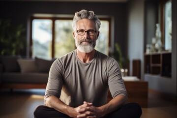 Obraz premium a man in glasses sits down and makes eye contact with the camera while meditating in his home