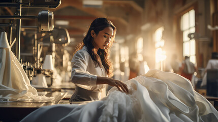 Asian young woman seamstress sewing clothes in a weaving factory. Clothing production in Asian countries, sewing machine, apparel industry. 