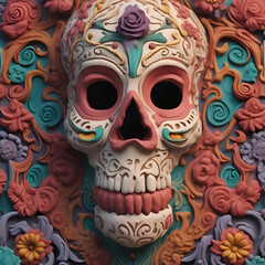 Mexican sugar skull on colorful background. Day of the Dead.