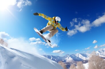 Naklejka na ściany i meble Snowboarder jumping in the air, beautiful nature in the background, snowy mountain peaks and blue sky. Winter sports concept.