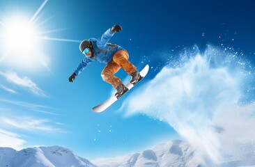 Snowboarder performs a trick, jumping in the air on a snowy mountain, clear blue sky. Winter sports.