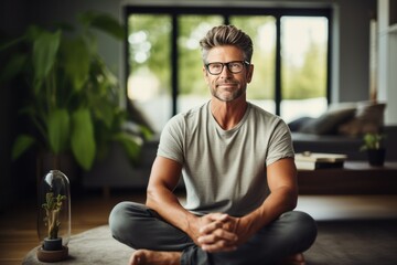 Fototapeta premium a man in glasses sits down and makes eye contact with the camera while meditating in his home