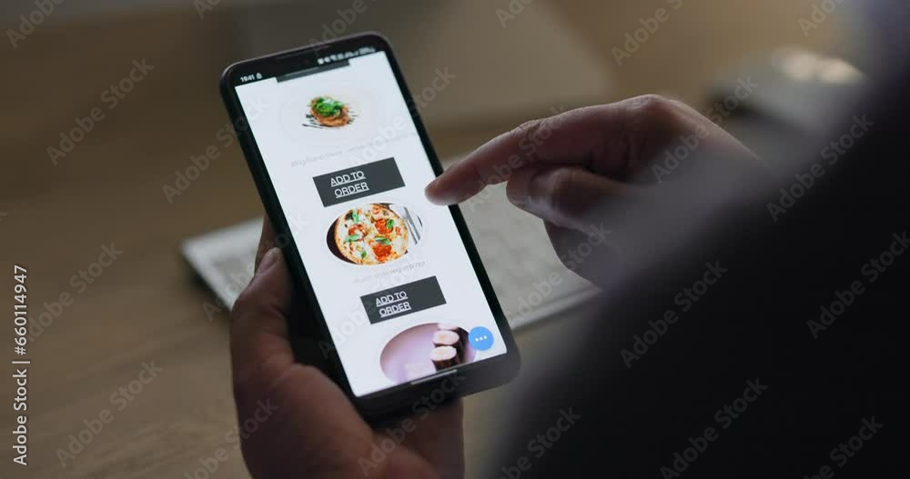 Poster Phone screen, hands scroll restaurant menu for food and delivery with e commerce and lunch choice. Tech, mobile app and UX with website, person meal decision from cafe with shopping and search