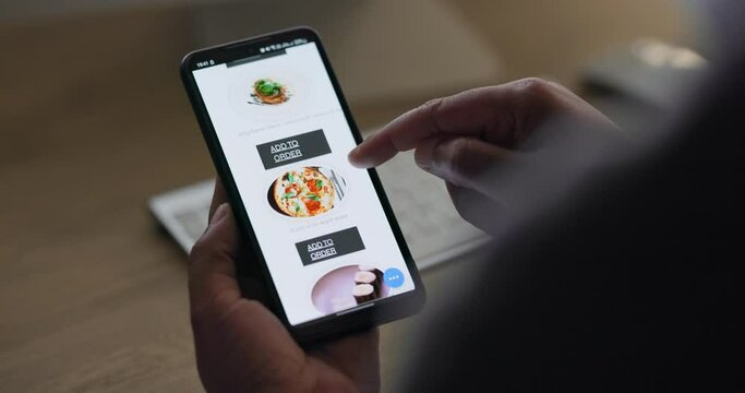 Phone screen, hands scroll restaurant menu for food and delivery with e commerce and lunch choice. Tech, mobile app and UX with website, person meal decision from cafe with shopping and search