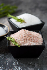 A composition of a mixture of different types of salt, white and pink Himalayan and a sprig of...