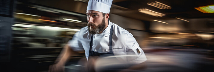 Chef’s toque blanche hat, professional kitchen environment, action shot of the chef in motion, blurred background - obrazy, fototapety, plakaty