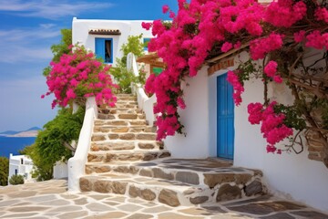 pink bougainvillea flowers in the street with traditional white houses in Greece travel postcard