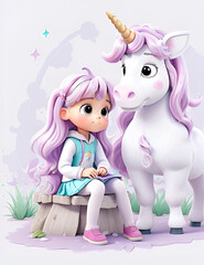 Cute little girl and unicorn. AI generated.
