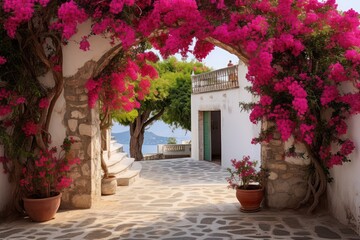Fototapeta na wymiar pink bougainvillea flowers in the street with traditional white houses in Greece travel postcard