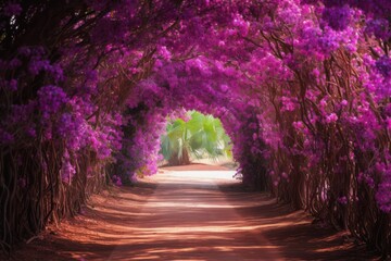 purple Bougainvillea tunnel view. Mediterranean travel card.