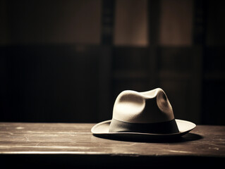 Classic black fedora, perched on a wooden table, vintage room, sepia tones, accented by a soft overhead light