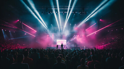 Concert at a Soccer Stadium, Stage set in the center of a soccer stadium, laser lights, crowd in darkness, spotlight on the singer - obrazy, fototapety, plakaty