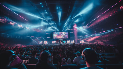 Esports Stadium, stadium filled with a young audience, large screens showing gameplay, neon ambient lighting