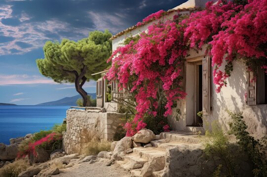 Fototapeta pink bougainvillea flowers in the street with traditional white houses in Greece travel postcard