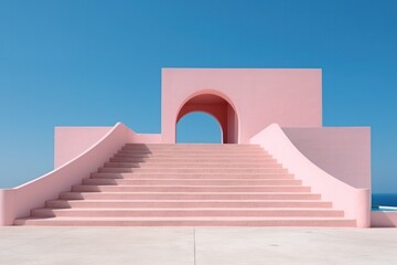 pink minimal staircase and arch in the blue sky. Modern architecture 3d rendering minimalism background.