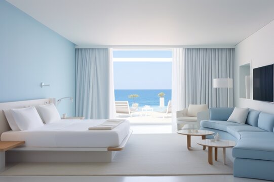 modern minimal hotel room interior light baby blue color with ocean view and sofa