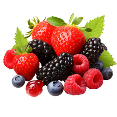Forest fruits and berries, Raspberry, strawberry, blackberry, blueberry, 3d realistic, 32k resolution, best quality, , clip art isolated on transparent background