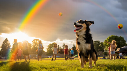 dog park, various breeds interacting, children playing, frisbees and balls in the air, rainbow after a brief rain