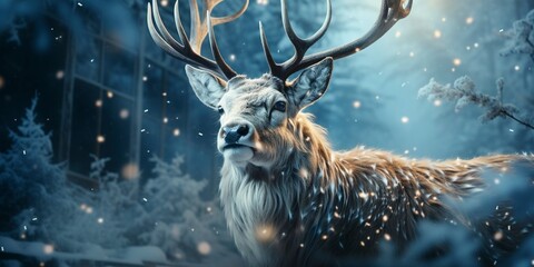 Christmas reindeer. Snow background with snowflakes with real deer . Photo. - obrazy, fototapety, plakaty