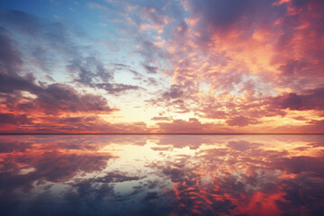 Fototapeta na wymiar Sun Setting Over Water with Colorful Sky and Clouds with Reflection, Generative AI