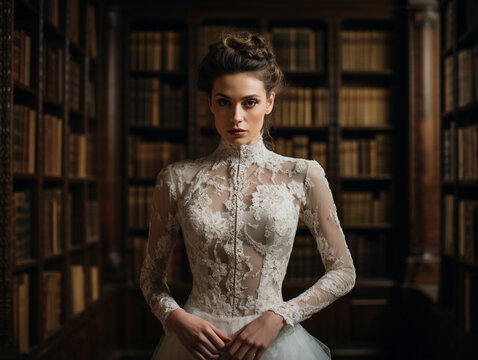 Vintage - inspired bridal gown, high neckline, full sleeves, intricate beading, set in an old - world library with leather - bound books and oriental rugs, warm ambient lighting
