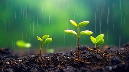 young plants growing under rain
