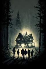A group of estranged friends reunite at a remote cabin for a weekend getaway in a dark forest creepy suspenseful foggy  - obrazy, fototapety, plakaty