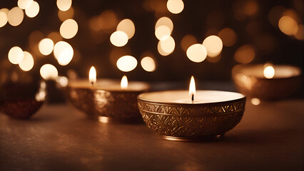 Close up of burning candles on dark background with bokeh effect