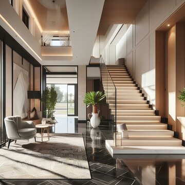 Interior design of modern entrance hall with staircase