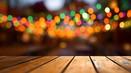 Empty wooden table with colorful bokeh lights, Latin festival background. Space for advertising, brand or product - obrazy, fototapety, plakaty