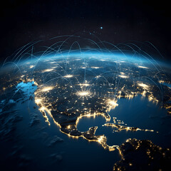 Photo of Planet Earth and its Satellites at night from space - USA connected to the rest of the world, technology, global community and futuristic communication system concept. - obrazy, fototapety, plakaty