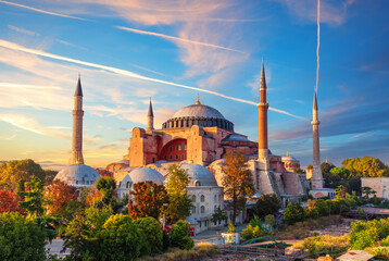 Hagia Sophia Mosque of Istanbul, colorful sunset view, Turkey - Powered by Adobe