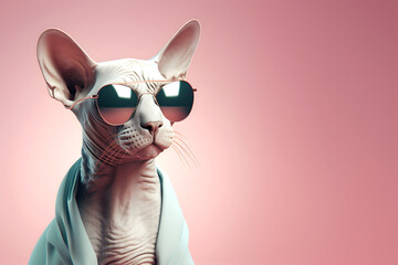 Creative animal concept. Sphynx Cat Kitten in sunglass shade glasses isolated on solid pastel background, commercial, editorial advertisement, surreal surrealism.	
