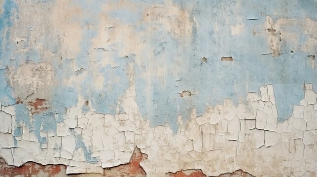 The crumbling wall of the building needs major repairs. Facade of a house with damaged plaster. Photophone for retro filming. Illustration for varied design.