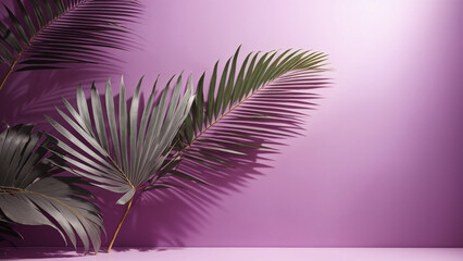 Fototapeta na wymiar palm leaves light purple background product advertisement exhibition wall