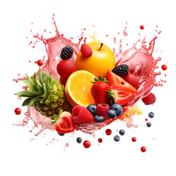 "Fruit burst, Splash of juice, Sweet tropical fruits and mixed forest berries, 3d realistic, 32k resolution, best quality, , clip art isolate on transparent background